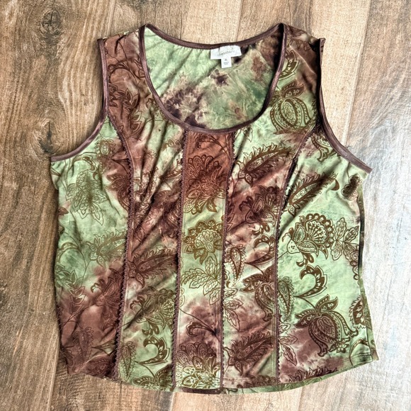 dressbarn Tops - Dressbarn Vintage Whimsigoth Women Burnout Paisley Lace Tank Top,Green Brown, XL